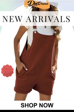 Ladies Summer Sleeveless Short Length Jumpsuit with Pockets Sleeveless Summer Shortalls With Pockets, Trendy Summer Shortalls With Bib Front, Trendy Summer Bib Front Shortalls, Summer Overalls With Bib Front, Summer Brown Cotton Jumpsuits And Rompers, Casual Bib Front Shortalls For Summer, Solid Color Summer Overalls With Bib Front, Summer Bib Front Solid Overalls, Brown Cotton Jumpsuits And Rompers For Summer