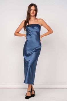 Wedding Guest Dresses Fall Strapless Ruched Evening Slip Dress, Strapless Satin Backless Dress For Date Night, Date Night Bandeau Maxi Dress With Ruched Details, Strapless Ruched Midi Evening Dress, Strapless Ruched Midi Dress For Evening, Strapless Ruched Slip Dress For Night Out, Chic Strapless Maxi Dress For Bridesmaid, Strapless Ruched Satin Midi Dress, Strapless Midi Dress With Ruched Bodice For Night Out