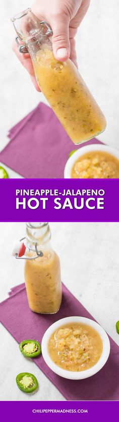 two pictures showing how to make pineapple jalapeno hot sauce