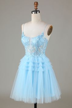 Discover the effortlessly chic and flirty charm of our Light Blue Sheer Bodice Ruffle Tiered Short Homecoming Dress. The lace adorned sheer bodice highlights your figure while the A-line ruffle tiered skirt adds a touch of playfulness. With a scoop neck and delicate spaghetti straps, this dress is perfect for any homecoming event.#shortdress #cocktail #semiformal #cocktaildress #homecoming #homecomingdress #semi #shortdresses Hoco Court, Black Lace Formal Dress, Black Lace Evening Dress, Tiered Prom Dress, Red Lace Prom Dress, Burgundy Homecoming Dresses, Mini Prom Dresses, Tulle Material, Floral Prom Dresses