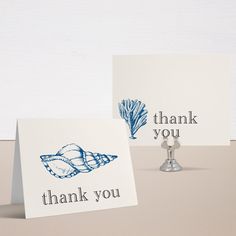 two thank you cards with seashells on them, one in blue and the other in white