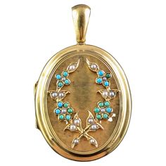 Antique Medallion Gemstone Necklace, Turquoise Medallion Locket Jewelry, Turquoise Round Locket Jewelry, Elegant Turquoise Locket Jewelry, Luxury Handmade Turquoise Beads, Gems, And Cabochons, Pretty Wreath, Gold Locket, Micro Mosaic, Forget Me Not