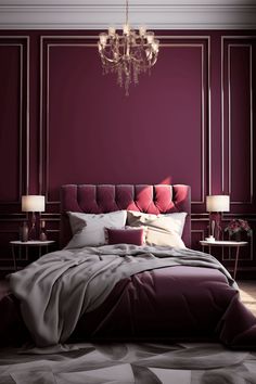 Color Palette: Burgundy Walls and Dramatic Purple Comforter All Red Bedroom, Burgundy Room Ideas Bedrooms, Purple Feature Wall, Color Palette Burgundy, Maroon Room, Burgundy Bedroom Ideas, Moody Maximalist, Burgundy Room, Burgundy Bedroom