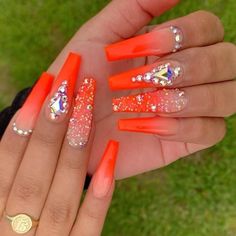 Bright Nails With Rhinestones, Orange Acrylic Nails With Rhinestones, Orange Nails With Gems, Neon Nails With Rhinestones, Orange Nails With Rhinestones, Ombre Nails With Diamonds, Bright Nail Ideas Neon, Orange Birthday Nails, Red Orange Nails