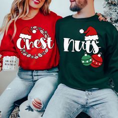 "Chest Nuts Christmas Sweatshirt, Christmas Couple Shirt, Matching Christmas, Party Couple, Matching Xmas Shirt, Ugly Christmas Shirt, Funny Christmas Couple, Chest Nuts Couples Shirt, Funny Christmas Matching Shirts, Christmas Holiday Welcome to the different, crazy and colorful world of ORANGE WORLD :) PRODUCT DETAILS Collar, shoulders, armholes, cuffs and hem double-needle stitched - 1 x 1 rib with spandex Features a crewneck - Relaxed fit - Unisex - 50% cotton 50% polyester HOW TO ORDER 1- P Couples Christmas Sweaters, Christmas Friends, Couples Sweaters, Matching Christmas Shirts, Holiday Hoodies, Matching Sweatshirts, Couples Sweatshirts, Couple Gift, Funny Christmas Shirts