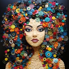 a woman's head made out of buttons and other things in the shape of a wig