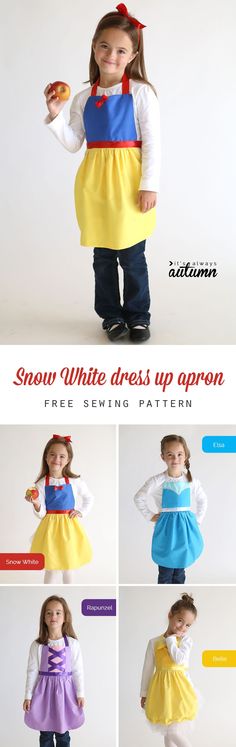 So adorable! Get the free PDF sewing pattern for this easy to make Snow White princess dress up apron in sizes 2-8 to fit any little girl! Easy DIY Snow White costume or dress up. Great handmade Christmas gift idea. More princess dress up apron patterns on this site too! Diy Snow White Costume, Rapunzel Dress Up, Dress Up Aprons, Robe Diy, Apron Patterns, Diy Snow, Rapunzel Dress, Snow White Costume, White Costume