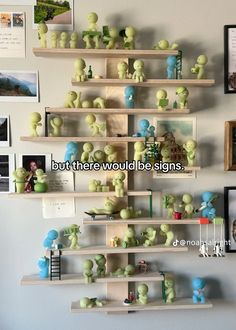 there is a wall with shelves and pictures on it that are filled with small green people