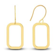 Striking open rectangles are polished to a high shine in these timeless women's earrings. Fashioned in 14K yellow gold, the earrings secure in place with euro wire backs. Rectangular Polished Finish Earrings For Gift, Rectangular Polished Earrings For Gift, Rectangular Polished Earrings For Gifts, 14k Gold Oblong Earrings For Gift, 14k Gold Oblong Earrings As Gift, Minimalist Oblong Earrings For Formal Occasions, Formal Minimalist Oblong Earrings, Yellow Gold Oblong Earrings, Classic Gold Square Earrings