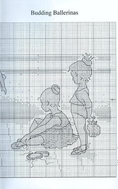 a cross stitch pattern with two children sitting on the ground