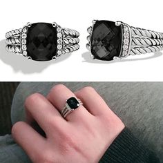 two different views of the same ring with black stones on each side and white diamonds on top