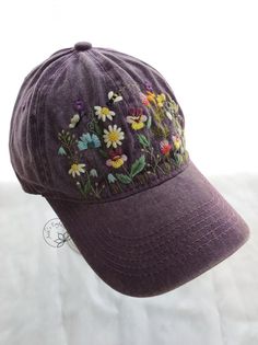 Hand Embroidery Pansy and Wild Flowers Hat, Embroidered Baseball Cap, Purple Color Denim Style Hat, Vintage Floral Hat for Woman - Etsy Vietnam Embroidery Pansy, Hat For Woman, Embroidery Denim, Embroidery Caps, Denim Cap, Floral Hat, Embroidered Baseball, Denim Hat, Floral Denim