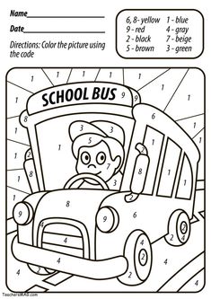 a coloring page with the words school bus and an image of a boy in a car