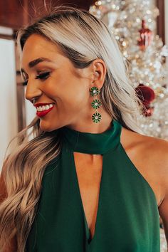 Believe us when we say you and these stunning earrings were made for each other with their green three tiered rhinestone flowers! Made For Each Other, Leather Cowboy Boots, Us When, Comfort Wear, Plaid Jacket, Stunning Earrings, Green Man, Women Clothing Boutique, Say You