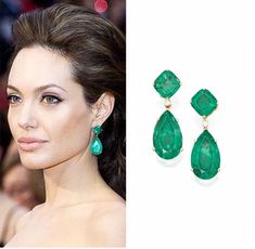 Vibrant Green Emerald Earrings, Angelina Jolie Famous Hollywood Star, Vivid Green Emerlad Emerald Jewels  Bestseller 18KGP ♥ Ready to ship ♥ The main stone is the Finest Doublet Emerald. ♥ Absolutely gorgeous and beautifully handcrafted Finest Doublet Emerald in an exquisite setting. ♥ This classic yet trendy Jewelry makes the perfect Christmas/Anniversary/Valentine's/Birthday gift for her that will be treasured forever. We have confidence that the beautiful and sparkling piece will get her deep Luxury Timeless Emerald Jewelry, Luxury Green Jeweled Jewelry, Luxury Green Jewelry With Elegant Design, Emerald Bridesmaid Accessories, Luxury Classic Green Earrings, Luxury Green Classic Earrings, Luxury Green Danglers For Formal Occasions, Luxury Elegant Green Danglers, Luxury Green Danglers For Formal Events