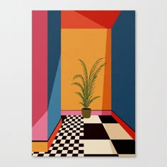 a potted plant sitting on top of a black and white checkered floor