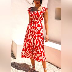 Anthropology Off-The-Shoulder Shirt Dress Red One-shoulder Midi Dress For Summer, Chic Red Midi Dress For Summer, Red Off-shoulder Midi Dress For Summer, Red Off-shoulder Summer Dress, Red Midi Dress For Summer Day Out, Casual Off-shoulder Red Dress, Casual Red Off-shoulder Dress, Red Ruffled Midi Dress For Summer, Red Off-shoulder Dress For Day Out