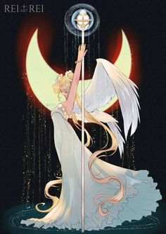 a woman in white dress holding a pole with an angel on it's back