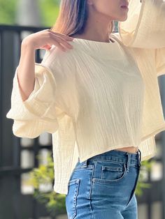 Sizes S-M  Bust  38" Front length 16" Back length 20"  Long sleeve 24" L-XL Bust 44" Front length 16" Back length 20"  Long sleeve 24" Model is 5′2″ (158cm) tall with a 81cm/32″ bust, 69cm/27″ waist, 92cm/36″ hips Important Notice Regarding Product Color Variations We strive to provide the most accurate and high-quality images of our products to enable you to shop with confidence. However, we would like to remind you that despite our best efforts, there may be slight variations in color between Beige Long Sleeve Top For Daywear, Oversized Long Sleeve Beige Blouse, Stretch Beige Blouse For Day Out, Beige Stretch Cotton Blouse, Beige Stretch Long Sleeve Blouse, Beige Long Sleeve Tops For Spring, Stretch Beige Blouse For Spring, Beige Stretch Blouse For Spring, Beige Crew Neck Blouse For Spring