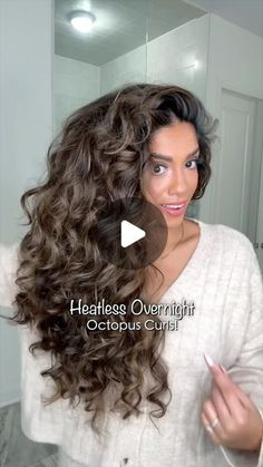 2.8M views · 118K likes | Ariba Pervaiz on Instagram: "Im going to call these Octopus curls! The curler is linked in my Amazon store. 😉  It looks overwhelming but it was surprisingly quicker than a curling iron and more effective. Heatless curls are a healthier alternative, they definitely give more definition and always end up lasting me longer. Do this on clean hair, spray it a little damp before starting but do NOT soak it wet. Leave it 5-7 hours or overnight!  . . . . . . . . #heatlesscurlsovernight #octopuscurler #hairhacks #overnightcurls #healthyhairtips #heatlesshair" Beatles Curls Overnight, Octopus Heatless Curls, How To Curl Long Hair Overnight, Overnight Bun Curls, How To Preserve Curls Overnight, Heatless Curls On Curly Hair, Overnight Curls With Socks