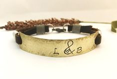 Personalized Leather Bracelet, Name Bracelet, Initials Bracelet, Anniversary Bracelet, Medical Alert Bracelet, Couples Initial Bracelet, ID Rustic Gold Bracelets As Gift, Adjustable Brown Jewelry For Anniversary, Rustic Gold Bracelets For Gifts, Artisan Engraved Adjustable Leather Bracelet, Rustic Gold Bracelet For Gift, Adjustable Artisan Engraved Leather Bracelet, Rustic Gold Bracelet As Gift, Rustic Stamped Leather Bracelet Gift, Adjustable Brass Bracelets For Anniversary