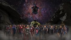 a group of superheros standing in front of a galaxy filled with stars and clouds