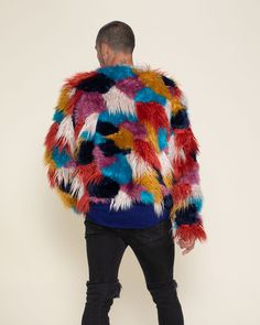 Men's Faux Fur Jacket Make a statement in our colorful faux fur jacket for men in the bomber style. This cropped shaggy faux fur jacket features hues of purple, blue, red, gold, and cream faux fur creating a bold look that’s perfect for everyday wear, as festival fashion, on the prowl at a nightlife event, and pretty much anywhere else you can think of. Plus, it’s made from cruelty-free, vegan materials that are Oeko-Tex certified for an eco-friendly touch, making you a handsome eco-friendly sty Mongolian Fur, Vegan Clothing, Rainbow Butterfly, Pink Ivory, Jacket For Men, Eco Friendly Fashion, Faux Fur Jacket, Fur Jacket, Style Icon