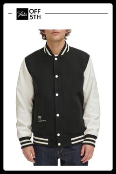 This Dapper Varsity Jacket Comes With A Baseball Collar, Handy Pockets And Contrast Stripe Detailing Around The Neck, The Cuffs And The Hem. Cut To Lend A Regular Fit, Is Perfect To Style With Any Casual, Relaxed Look. Baseball Collar Long Sleeves Ribbed Cuffs & Hem Button Front Waist Welt Pockets Logo Detail Polyester Machine Wash Imported Size & Fit Regular Fit About 27" From Shoulder To Hem. Men's - M Outerwear > Saks Off 5th. Dkny. Color: Black White. Size: M. Spring Outerwear With Ribbed Cuffs For College, Varsity Long Sleeve Track Jacket For Fall, Fall Varsity Track Jacket With Long Sleeves, White Cotton Varsity Jacket With Button Closure, Fall Varsity Long Sleeve Track Jacket, Spring Hooded Varsity Jacket With Ribbed Cuffs, Varsity Outerwear With Button Closure For Work, Fall Outerwear With Ribbed Cuffs And Baseball Collar, Varsity Jacket With Contrast Collar For Work