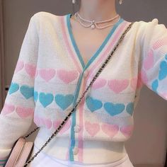 V-Neck Cute Love Pattern Pastel Colors Cardigan Sweater – Tomscloth Cute Fitted V-neck Cardigan, Cute White V-neck Outerwear, Pastel Cardigan Outfit, Pastel Jeans, Pastel Cardigan, Pastel Sweater, Love Pattern, Pastel Outfit, Kawaii Fashion Outfits