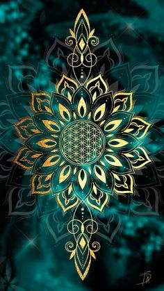 an intricate gold and green design on a black background