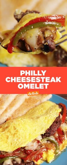 there is a plate with an omelet on it and the words, phily cheesesteak omelet