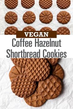 vegan coffee hazelnut shortbread cookies on white paper with chocolate wafers