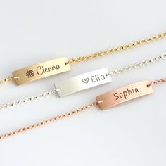 "This bar is the perfect personalized baby bracelet that can be engraved on both sides with names, words, dates, short phrases and more. Engraved and hand assembled with care and love, it comes in 14k gold fill, rose gold fill, or sterling silver. The perfect gift for your little one! HOW - TO - ORDER - & - PERSONALIZE 1. Select your options from the drop down menu see photo for font styles and symbol options 2. Add to cart (repeat for multiple items) 3. Go to checkout and leave personalizat Silver Bracelets With Engraving Option For Birthday, White Engraved Bracelets For Personalized Gift, Personalized White Engraved Bracelets, Personalized Engraved White Bracelets, Adjustable Bracelet With Engraving Option For Birthday, Hypoallergenic Nameplate Bracelet For Birthday, Personalized Engraved White Bracelet, Hypoallergenic Nameplate Bracelet As Gift, Dainty Hypoallergenic Bracelets