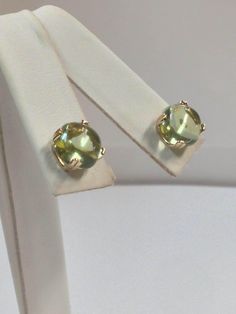 SOLID 14KT YELLOW GOLD STUD EARRINGS NATURAL GREEN AMETHYST IS 8x8 mm CABOCHON CUT EACH  WITH GIFT BOX Classic Green Round Earrings, 14k Gold Round Yellow Jewelry, Classic Yellow Round Earrings, Yellow Gold May Birthstone Round Earrings, Yellow Round Earrings With Prong Setting, Yellow Gold Round Earrings For May Birthstone, Classic Yellow Round Jewelry, Round Green 14k Gold Earrings, Green 14k Gold Round Earrings