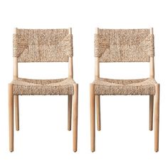 two chairs made out of wood and woven upholstered with natural fibers on the back