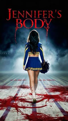 a woman in a cheerleader outfit walking down a runway with blood all over the floor