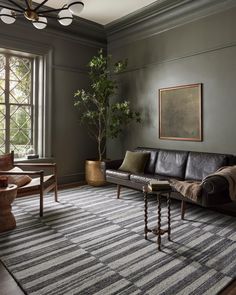 a living room filled with furniture and a potted plant on top of a table