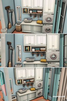 three different views of the same room in an animated style, each with various appliances and accessories