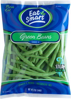 green beans are packed in a bag on a white background with the words eat smart