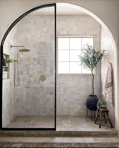 an arched glass shower door in a bathroom with white tile walls and flooring, along with a potted olive tree