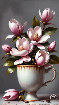 a painting of pink flowers in a white cup