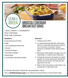 the broccoli cheddar breakfast bake recipe is shown in green and white