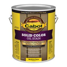 cabot solid color oil stain is shown in yellow and purple, with the label on it