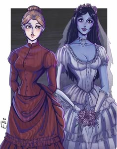 two women dressed in victorian clothing standing next to each other