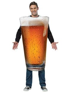 a man in a beer glass costume