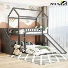 a child's bedroom with a bunk bed and slide