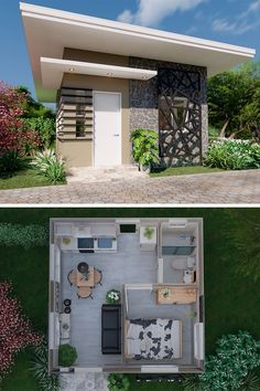 two pictures side by side of a small house and the top one shows an open floor plan