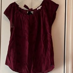 Nwot! Lauren Conrad Burgundy Blouse Short Sleeve Tie Neck Rounded Hem Semi-Sheer Medium 19 Inches Pit To Pit, 24.5 Inch Length 100% Cotton Burgundy V-neck Top For Summer, Short Sleeve Burgundy Tops For Summer, Burgundy Short Sleeve Tops For Summer, Summer Burgundy V-neck Top, Burgundy V-neck Summer Top, Burgundy Short Sleeve Tops For Spring, Fitted Burgundy Summer Blouse, Fitted Burgundy Blouse For Summer, Burgundy V-neck Blouse For Summer