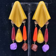 This Pair Is Amazing!! Just Unboxed This Pair From Our Original Boutique In The Early 80s. The Colors Are True 70s-80s Vibes And The Design Is Like Modern Art. So Fun For Some Of Your Retro Throwback Free People Looks. Lightweight 3.5” Length Surgical Steel Posts Storage Hot Pink Bag Retro Yellow Dangle Earrings, Retro Multicolor Clip-on Earrings, Retro Yellow Earrings For Party, Retro Yellow Party Earrings, Yellow Retro Party Earrings, Hot Pink Bag, Mod Squad, Earrings Ideas, 80s Vibes