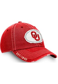 This Oklahoma Sooners Crimson Adjustable Hat features a front rough applique team logo on a cotton crown with distressed design. Front rugged canvas applique logo, Contrast stitching on crown, Washed cotton material, Back woven label, Side TOW logo, Cotton, Wipe clean with cloth or cleaning kit, 4 Cotton Baseball Cap With Letter Patch And Curved Bill, Cotton Baseball Cap With Curved Bill And Letter Patch, Cotton Hats With Letter Patch For Baseball Season, Red Vintage Cotton Hat, Vintage Red Cotton Hat, Retro Cotton Baseball Cap With Embroidered Logo, Cotton Hats With Logo Patch, Cotton Hats With Letter Patch, One Size, Cotton Hats With Letter Patch, One Size Fits Most